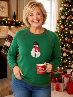 Quacker Factory Green Snowman Holiday Ugly Christmas Winter Sweater Sz L